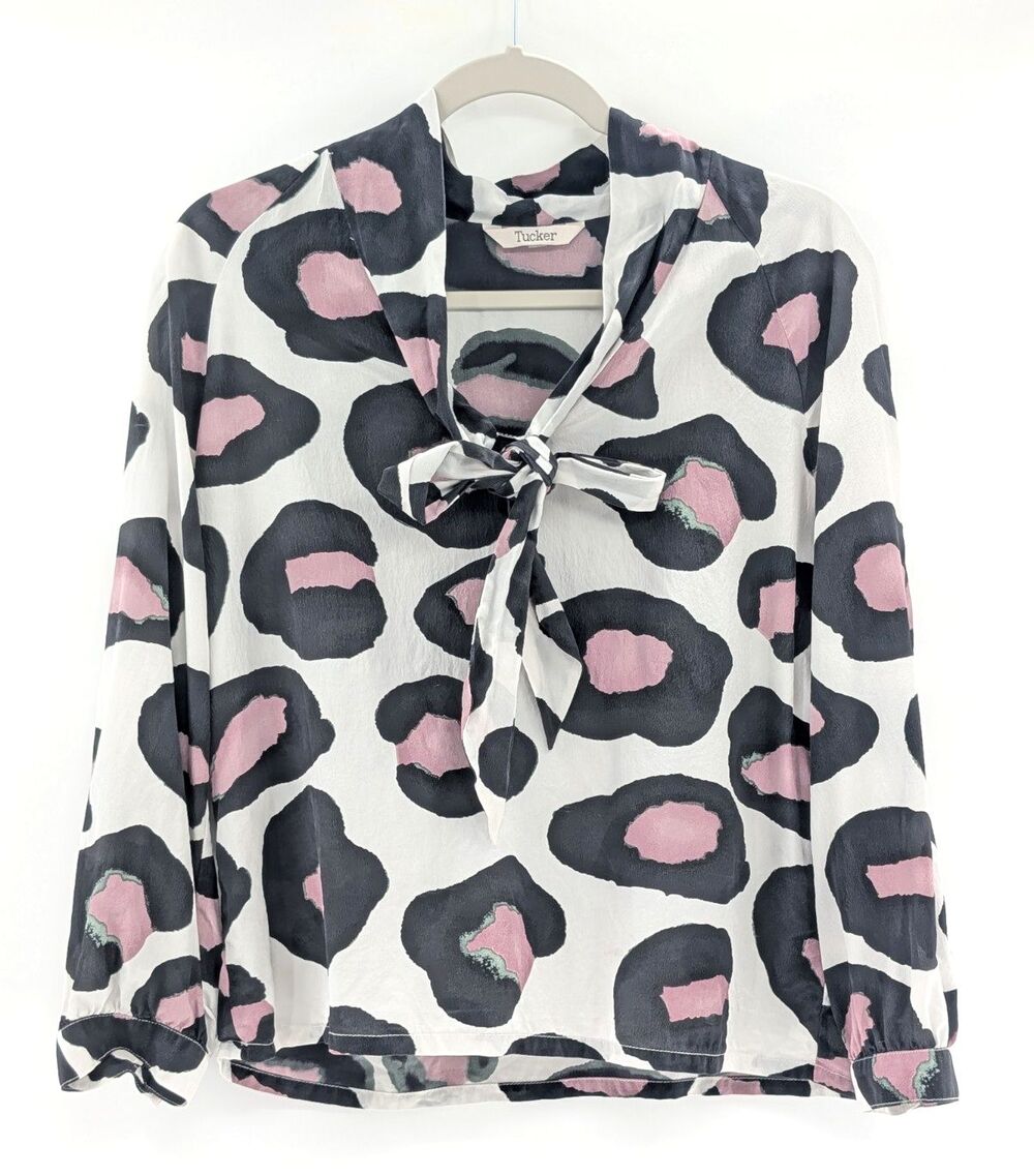 Tucker 100% Silk Leopard Print White Long Sleeve Tie Front Blouse USA Size Small